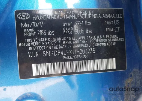 2017 Hyundai Elantra Value Edition z USA, uszkodzony, nr VIN 5NPD84LFXHH203235